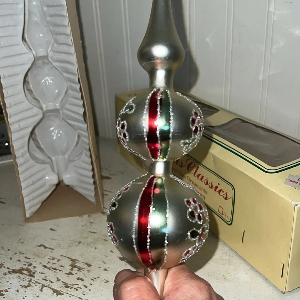 Vintage Mercury Glass hand decorated Christmas Tree topper 13”